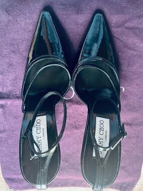 Jimmy Choo Black Patent Leather Pointed Slingback Pumps-Size 37